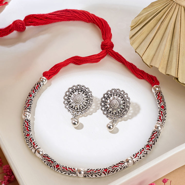 Teejh Naad Red Silver Oxidised Necklace Set