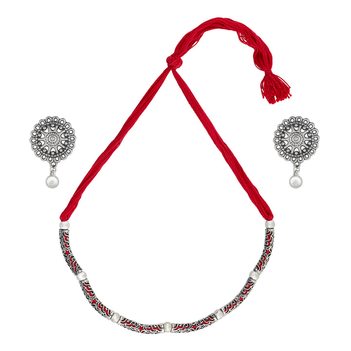 Teejh Naad Red Silver Oxidised Necklace Set