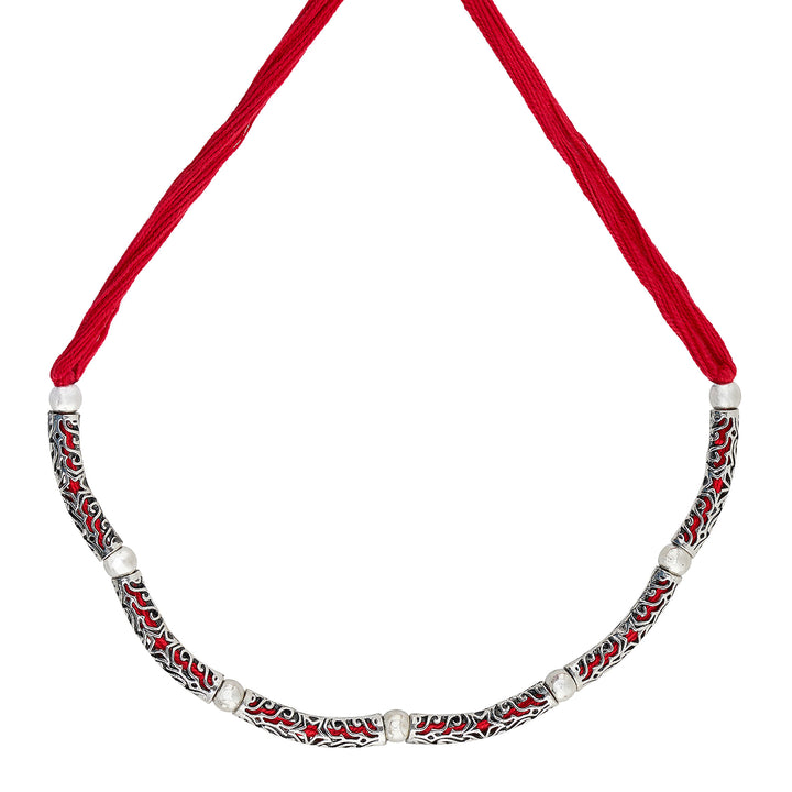 Teejh Naad Red Silver Oxidised Necklace Set
