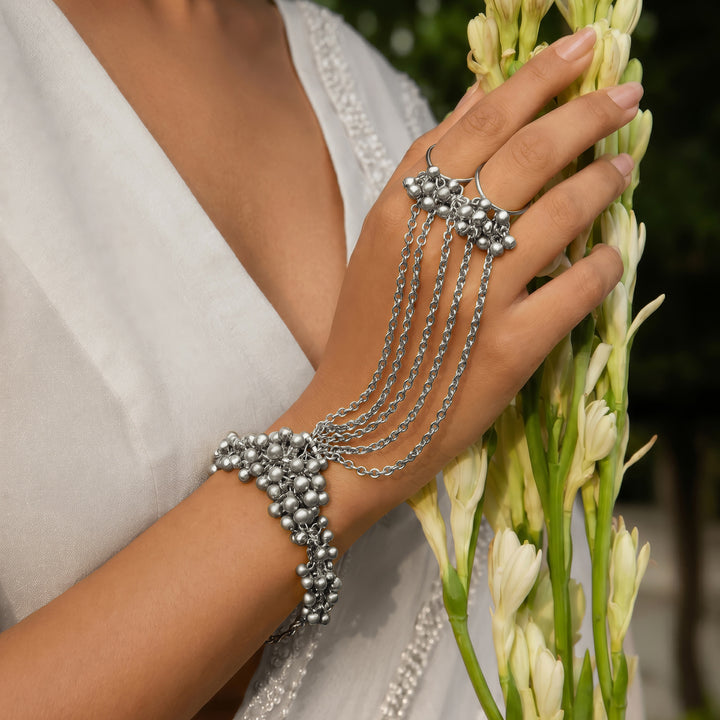 Teejh Chann Silver Oxidised Ghungroo Hathphool