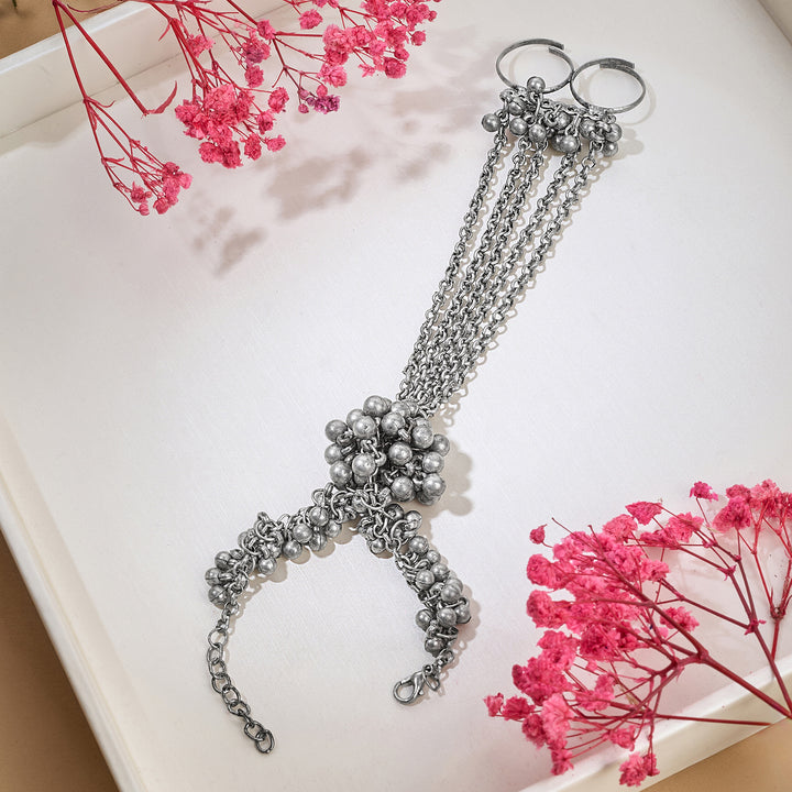 Teejh Chann Silver Oxidised Ghungroo Hathphool