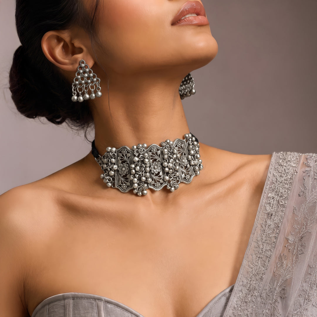 Teejh Taal Silver Oxidised Ghungroo Necklace Set