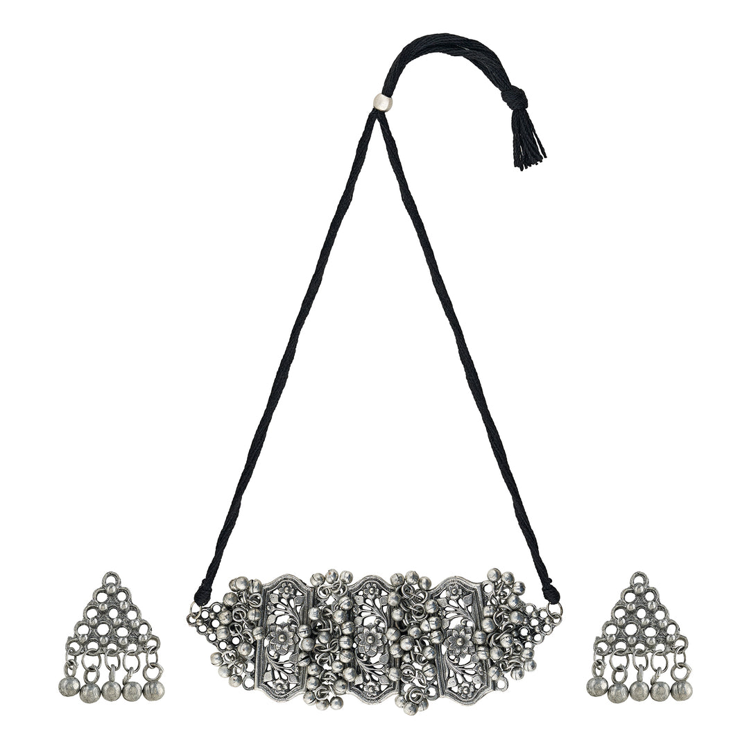 Teejh Taal Silver Oxidised Ghungroo Necklace Set