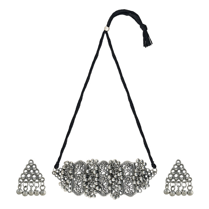 Teejh Taal Silver Oxidised Ghungroo Necklace Set
