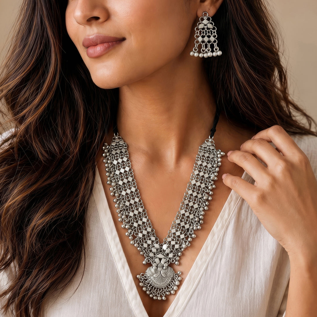 Teejh  Rusi Silver Oxidised Ghungroo Necklace Set