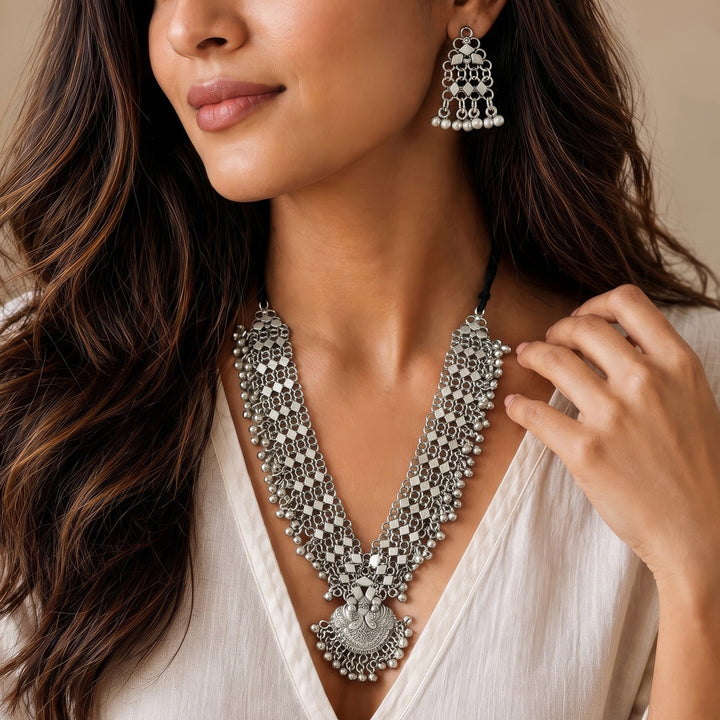 Teejh  Rusi Silver Oxidised Ghungroo Necklace Set