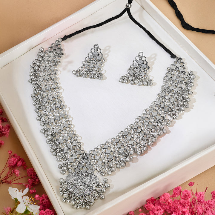 Teejh  Rusi Silver Oxidised Ghungroo Necklace Set