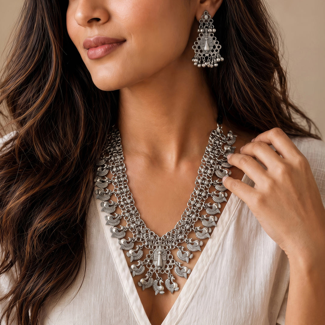 Teejh  Susie Silver Oxidised Ghungroo Necklace Set