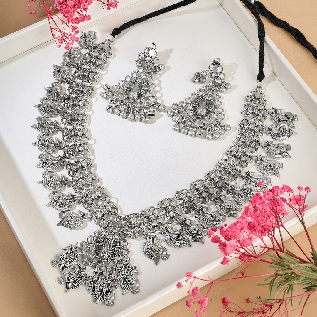 Teejh  Susie Silver Oxidised Ghungroo Necklace Set