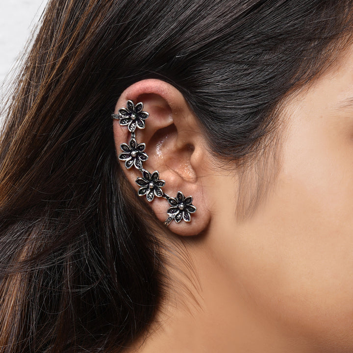 Teejh Ekta Silver Oxidised Floral Earcuffs