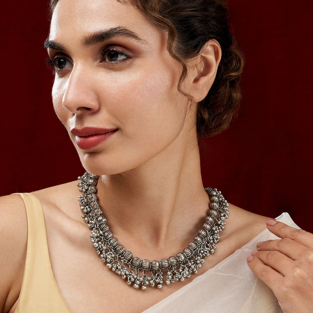 Bodhi  Silver Oxidized Gungroo Necklace