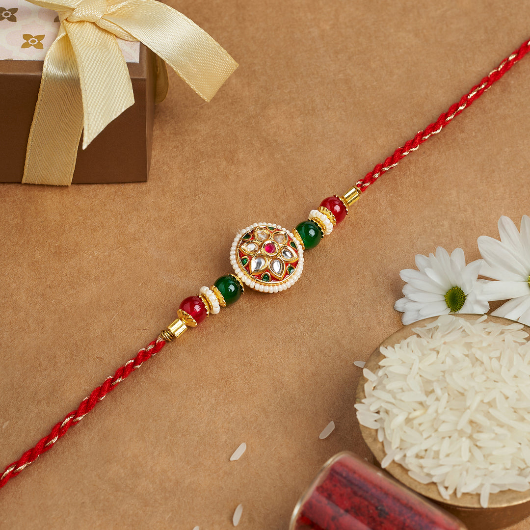 Teejh Kiran Floral Red and Green Kundan Thread Rakhi