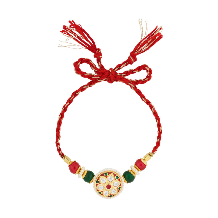 Teejh Kiran Floral Red and Green Kundan Thread Rakhi
