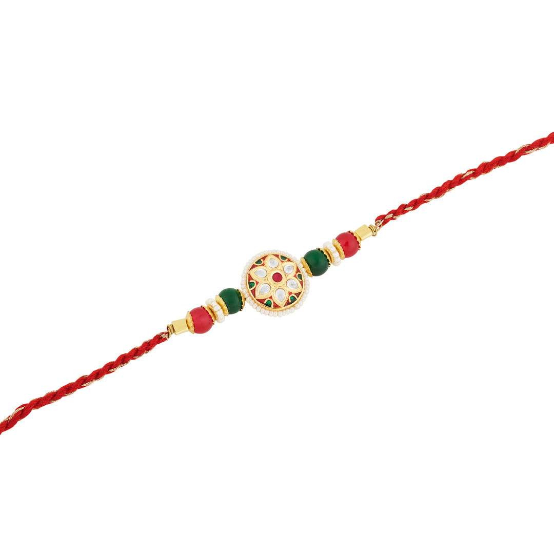 Teejh Kiran Floral Red and Green Kundan Thread Rakhi