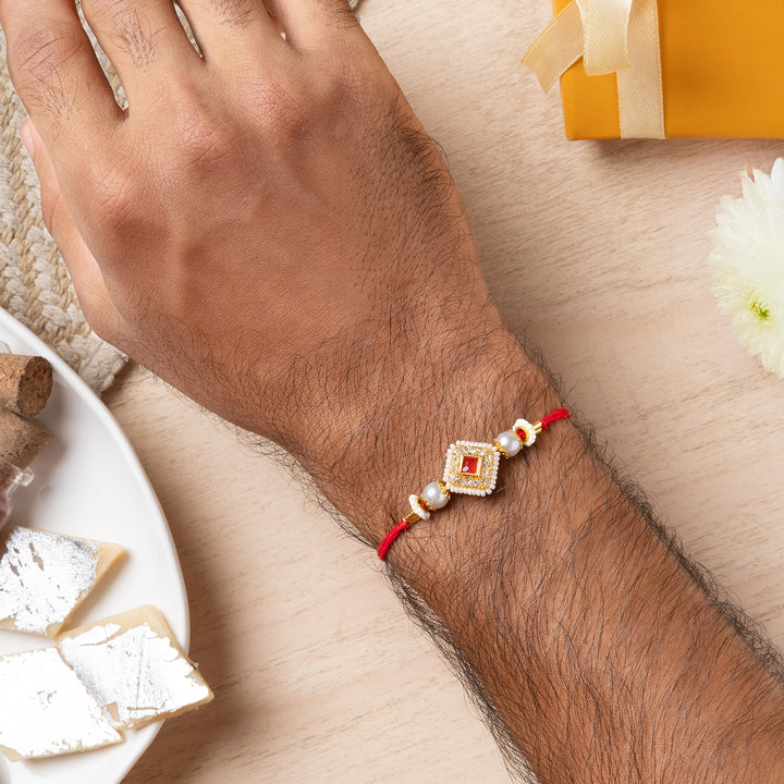 Teejh Dev Pink and Red and White White Beaded Rakhi
