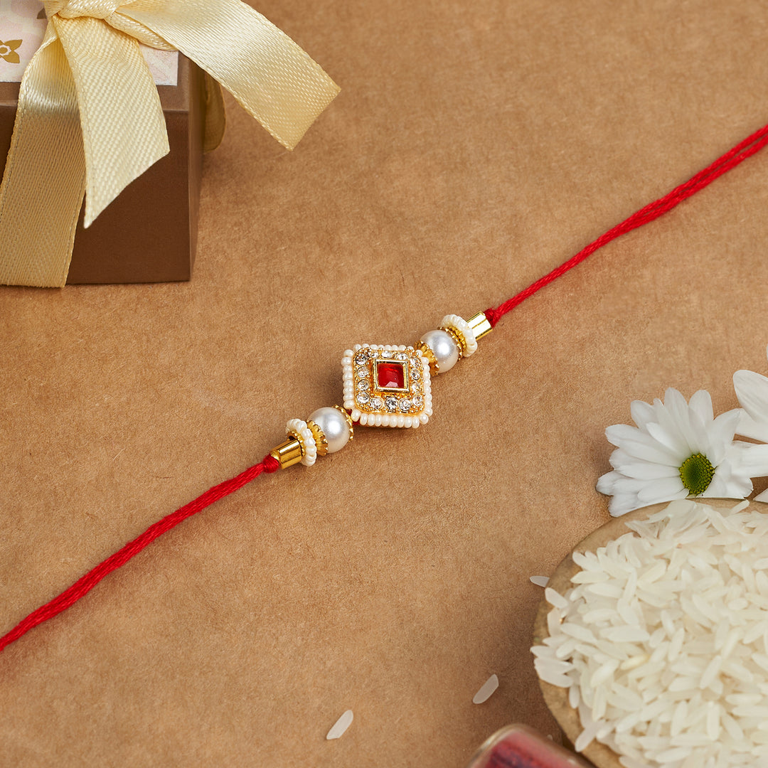 Teejh Dev Pink and Red and White White Beaded Rakhi