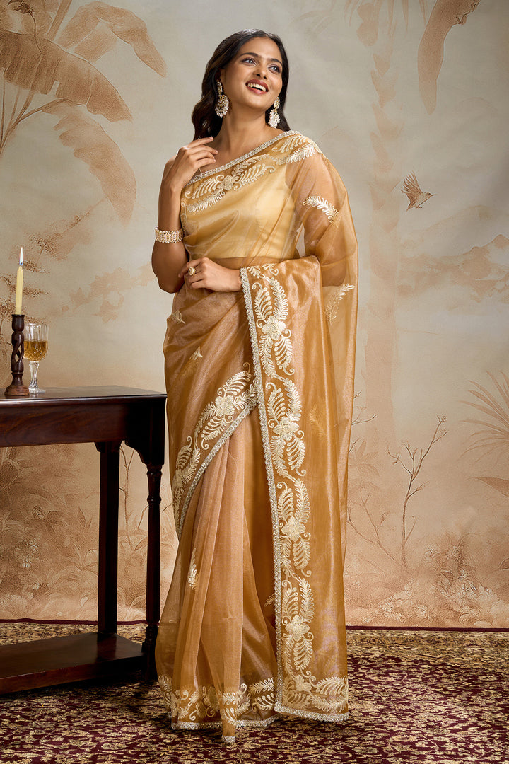 Teejh Raunaq Peach Orange Net Gota Saree