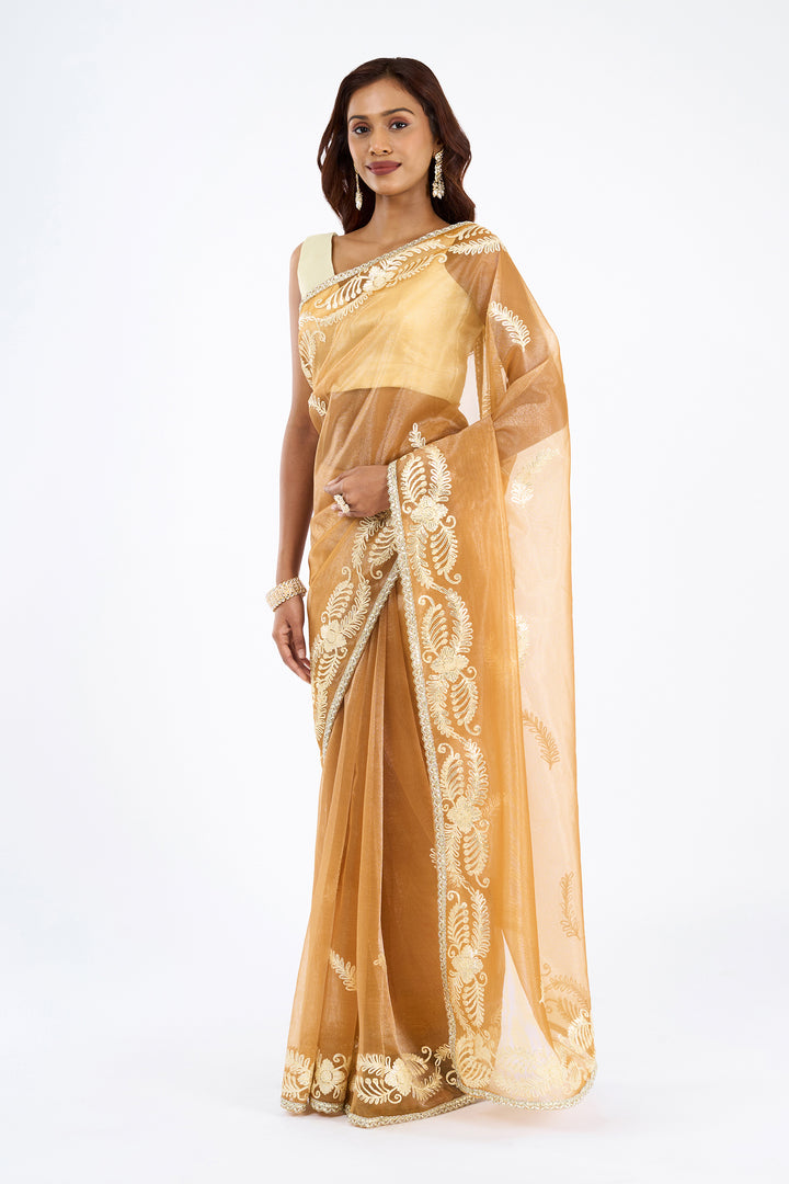 Teejh Raunaq Peach Orange Net Gota Saree