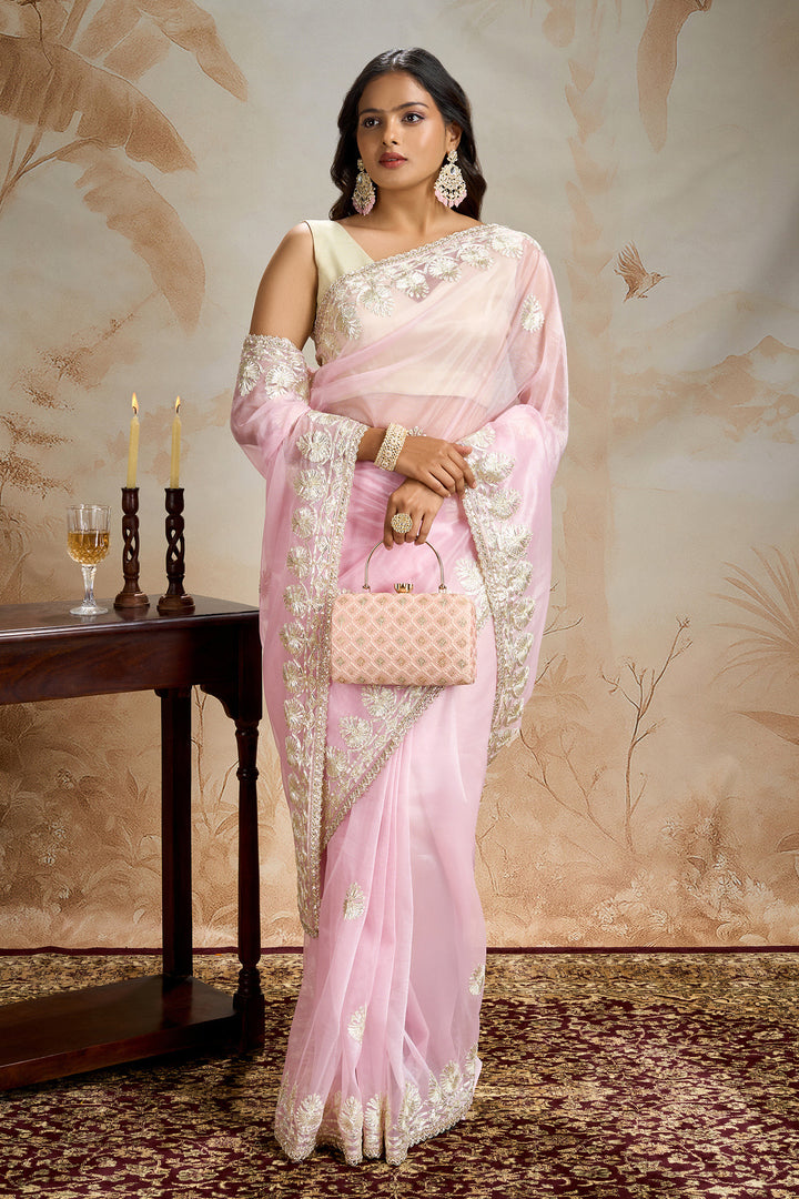 Teejh Baani Pink Net Gota Saree
