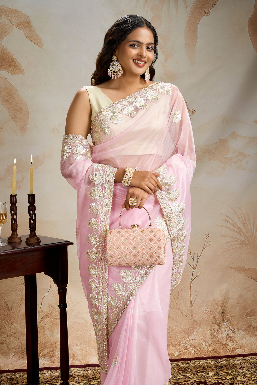 Teejh Baani Pink Net Gota Saree