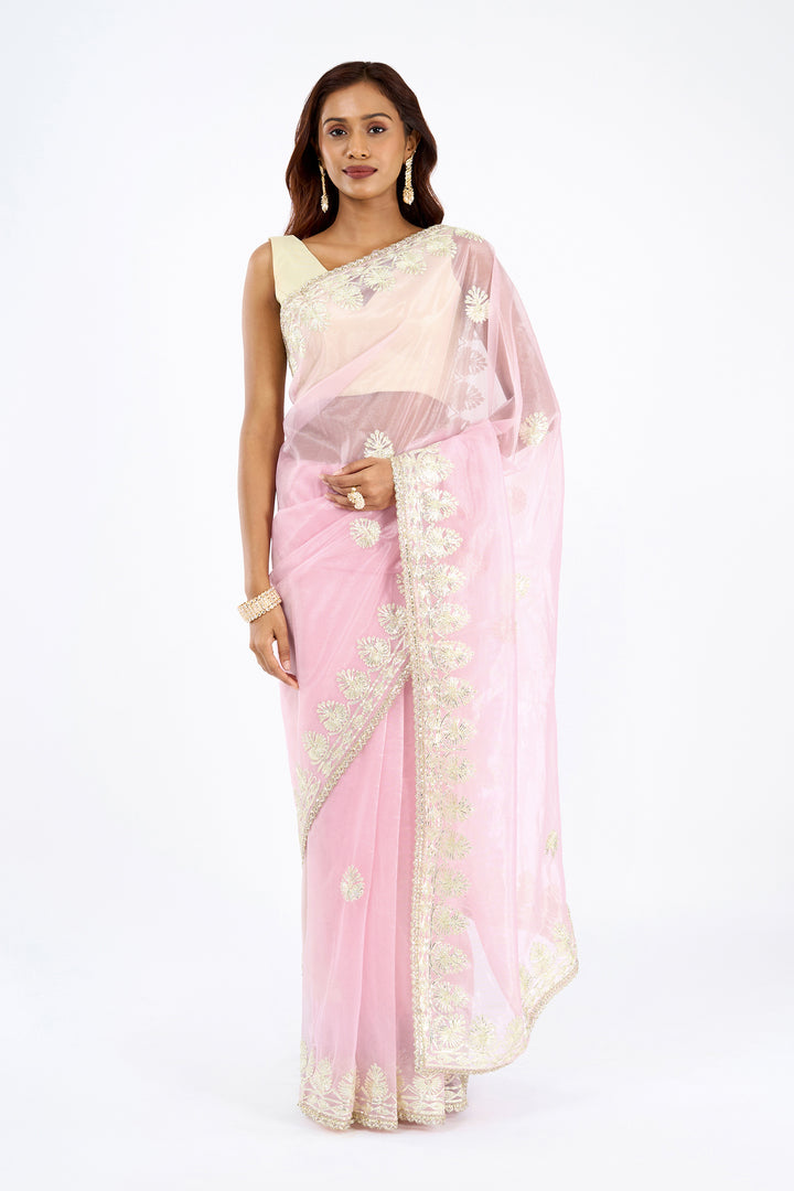Teejh Baani Pink Net Gota Saree