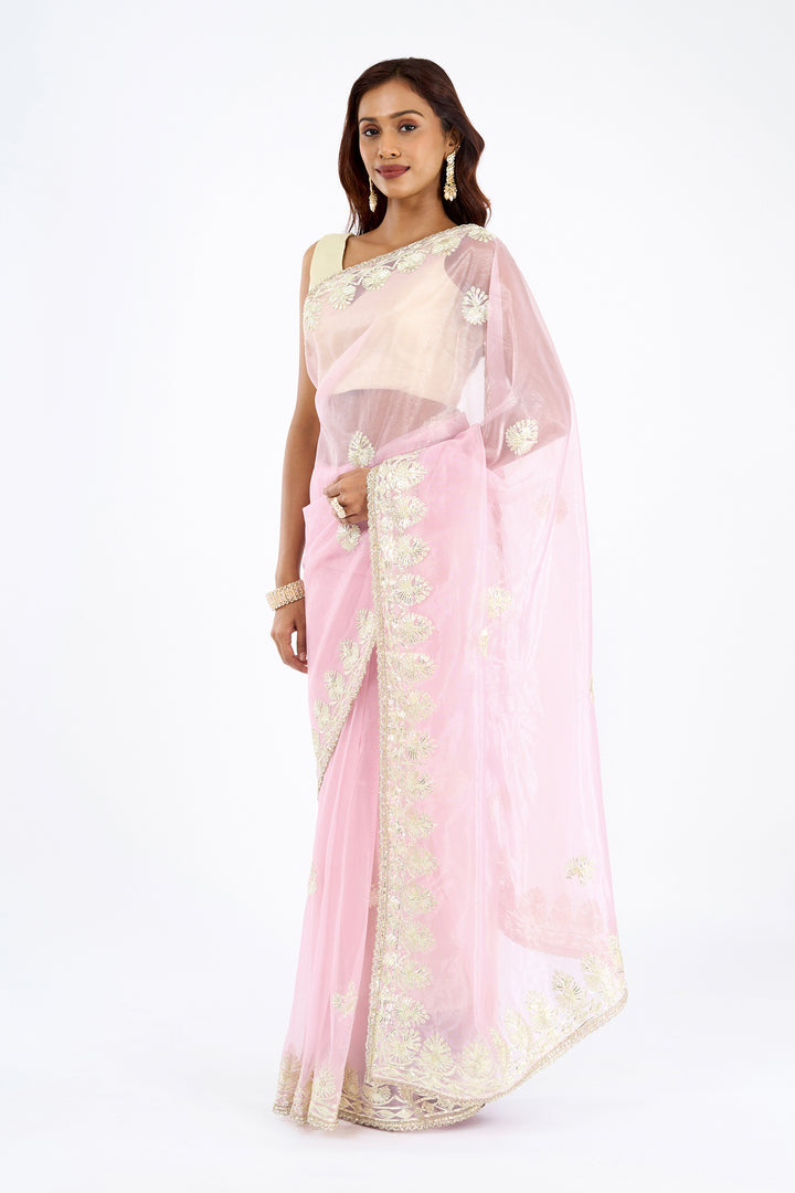 Teejh Baani Pink Net Gota Saree