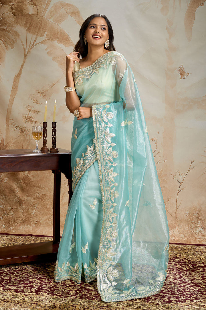 Teejh Meheriye Sea Green Net Gota Saree