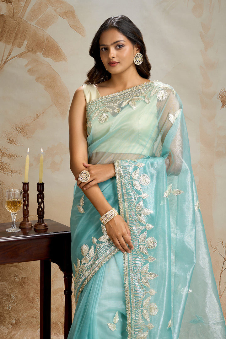 Teejh Meheriye Sea Green Net Gota Saree