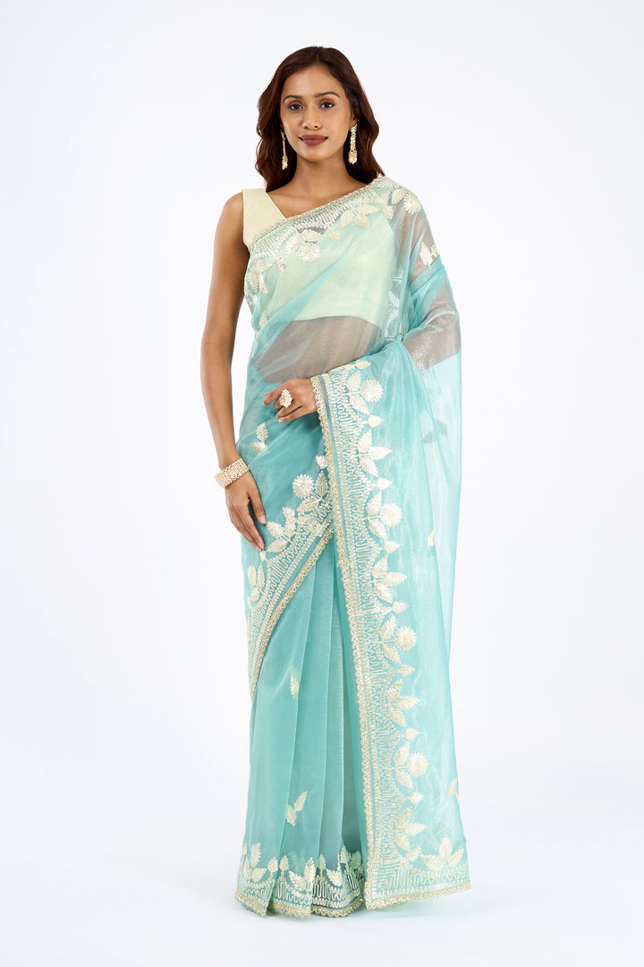 Teejh Meheriye Sea Green Net Gota Saree