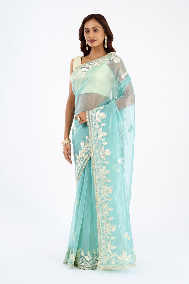Teejh Meheriye Sea Green Net Gota Saree