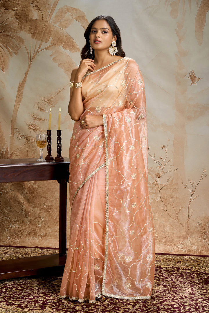 Teejh Hriya Peach Orange Net Gota Saree