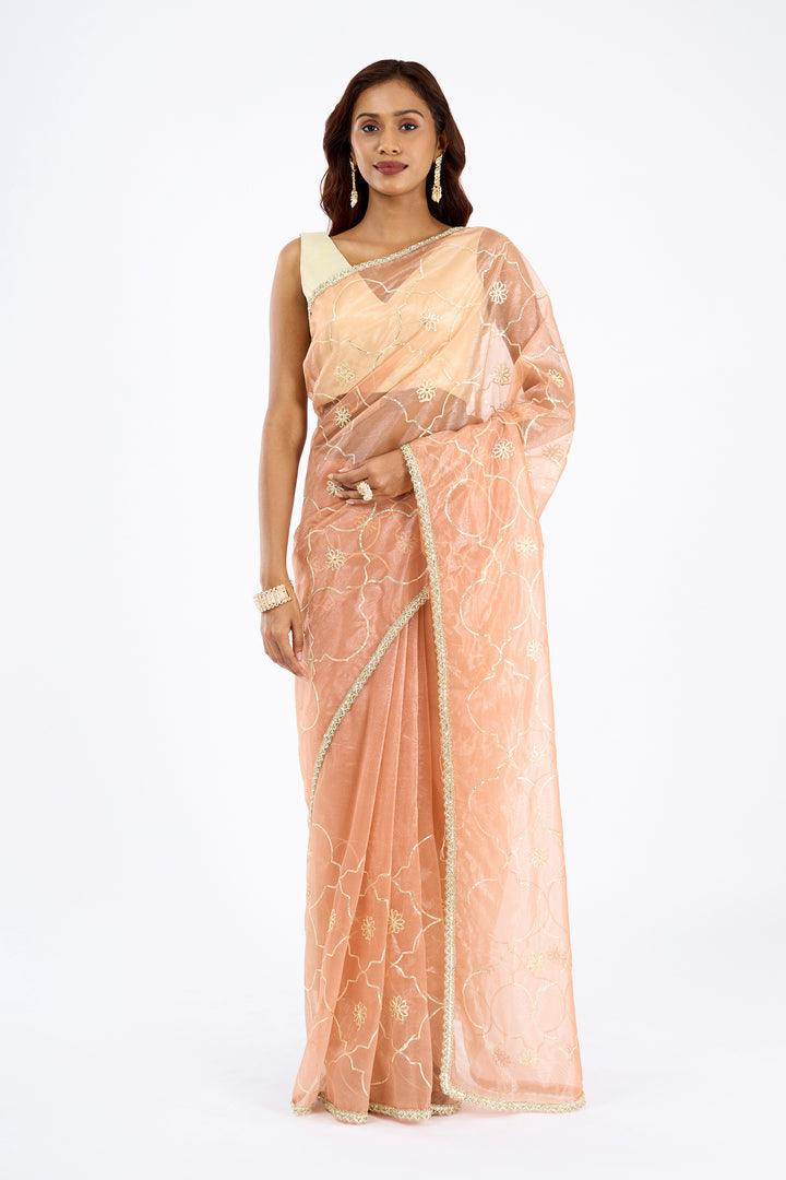 Teejh Hriya Peach Orange Net Gota Saree