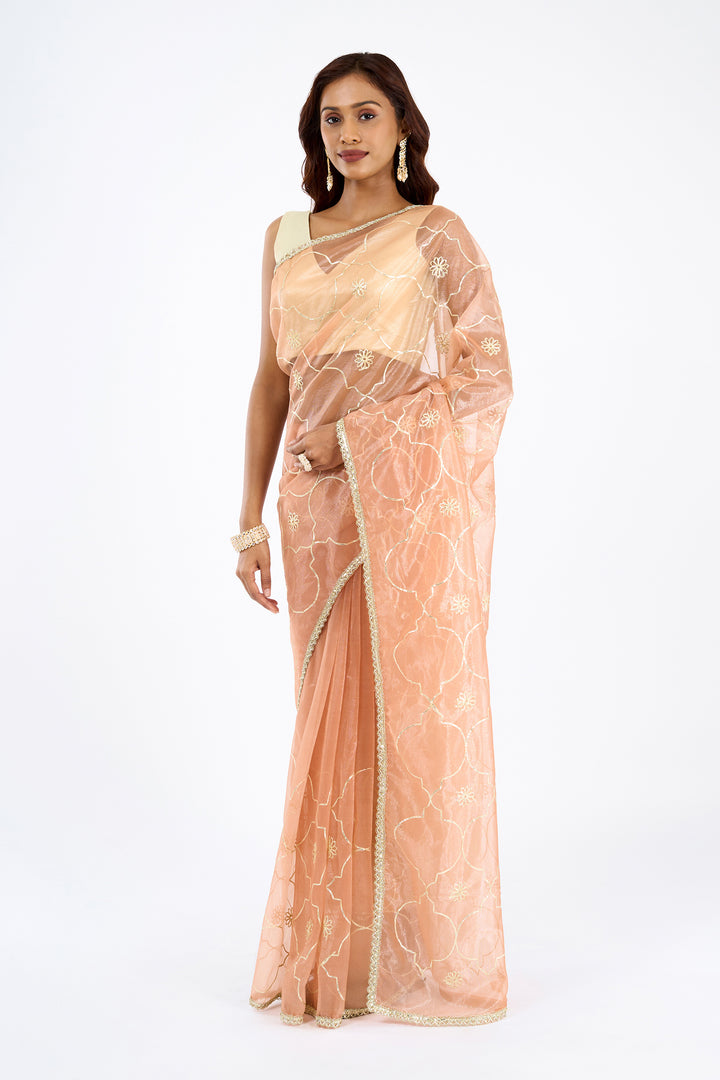 Teejh Hriya Peach Orange Net Gota Saree