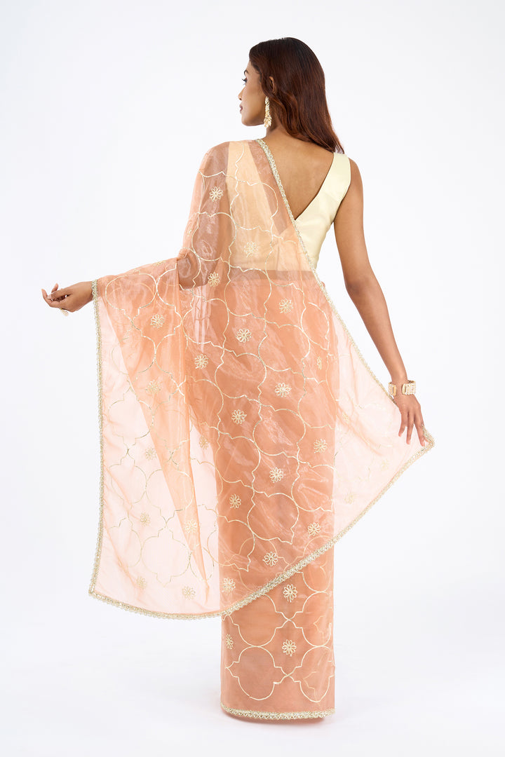 Teejh Hriya Peach Orange Net Gota Saree
