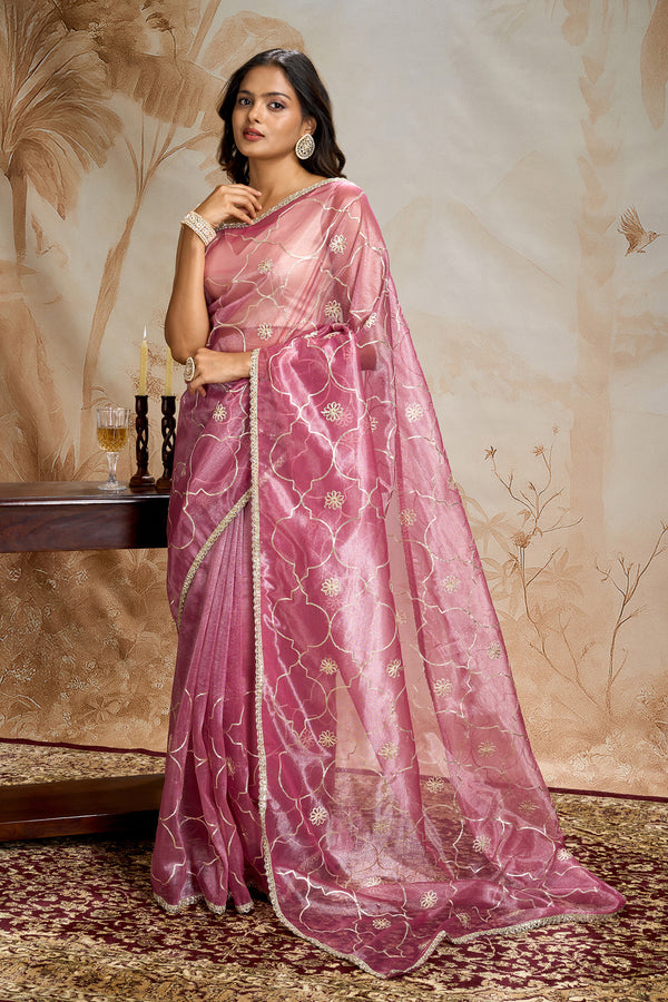 Teejh Hriya Onion pink Net Gota Saree