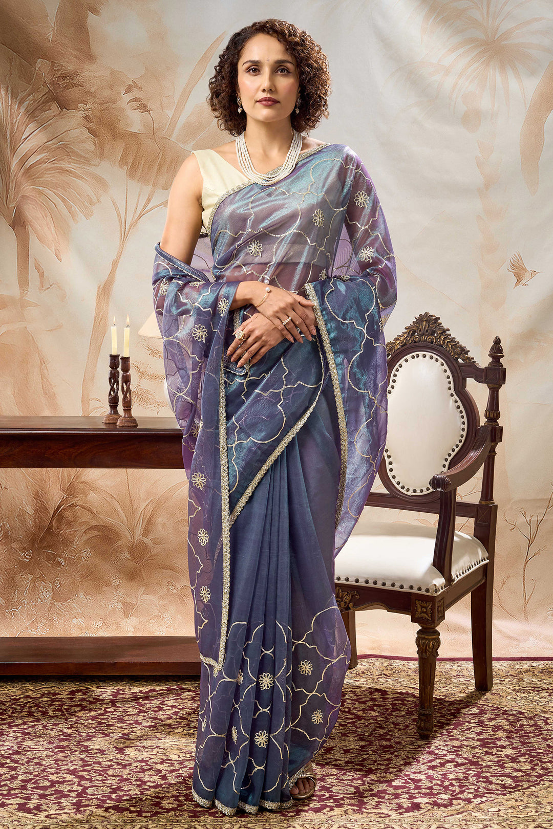 Teejh Hriya Midnight Violet Net Gota Saree