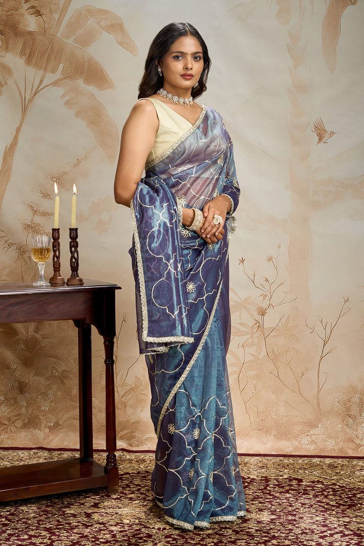 Teejh Hriya Midnight Violet Net Gota Saree