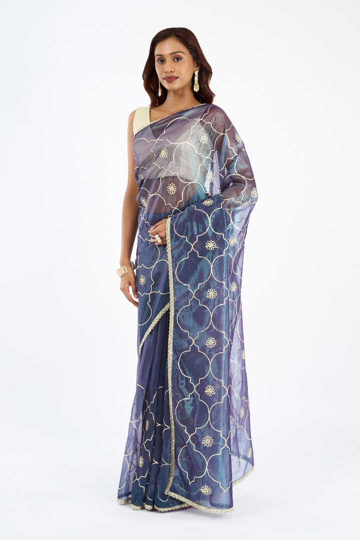 Teejh Hriya Midnight Violet Net Gota Saree