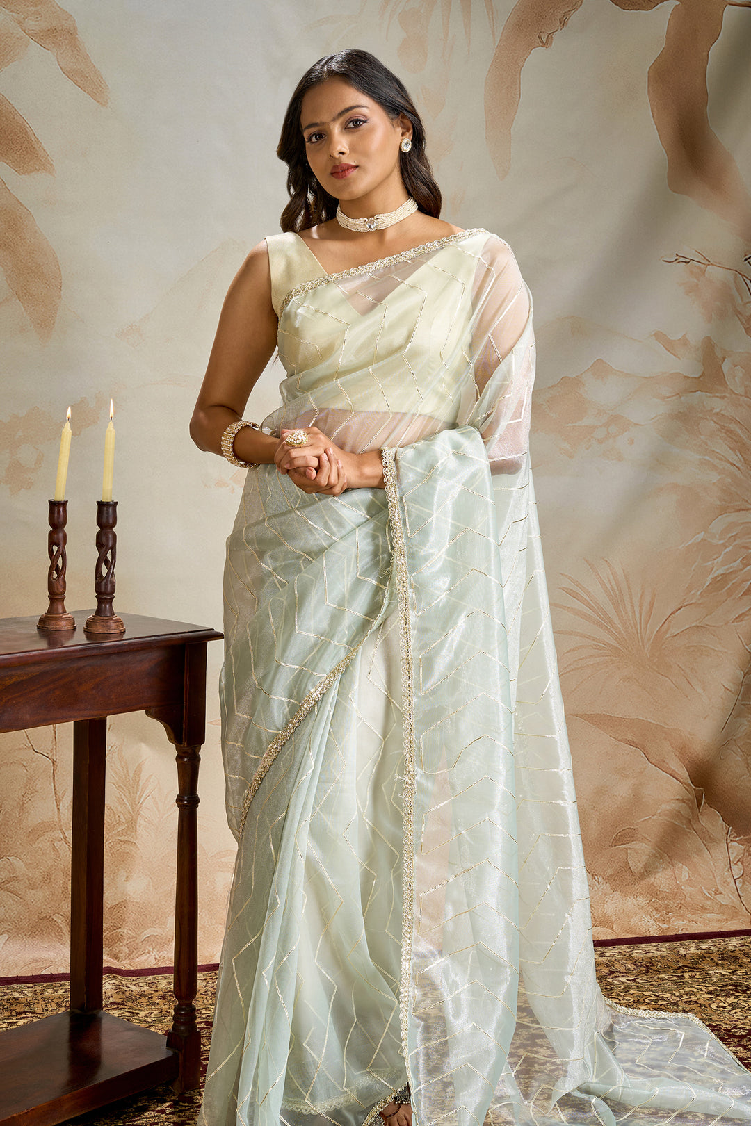 Teejh Rabina sage Green Net Gota Saree