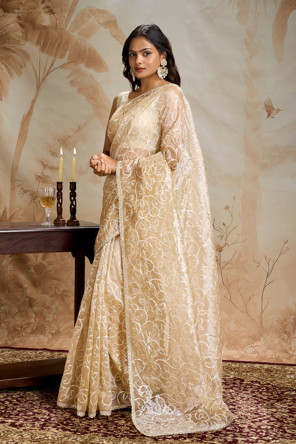 Teejh Mehefil Champagne Net Gota Saree