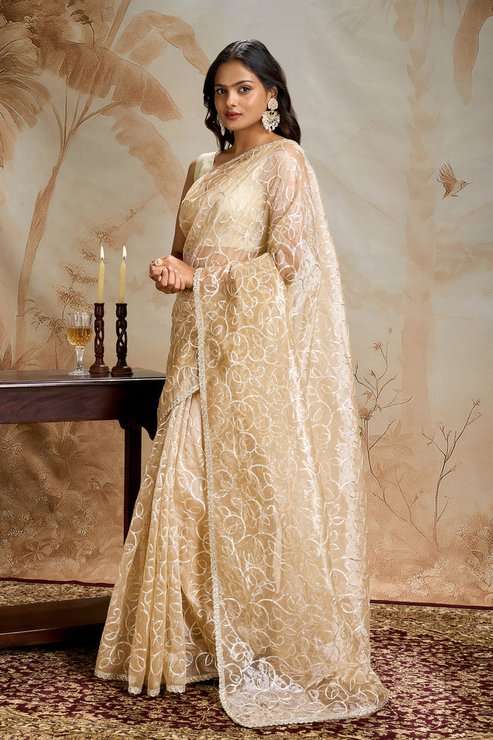 Teejh Mehefil Champagne Net Gota Saree