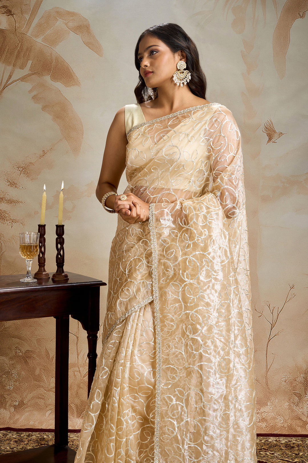 Teejh Mehefil Champagne Net Gota Saree