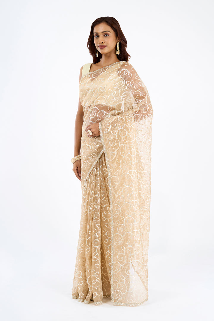 Teejh Mehefil Champagne Net Gota Saree