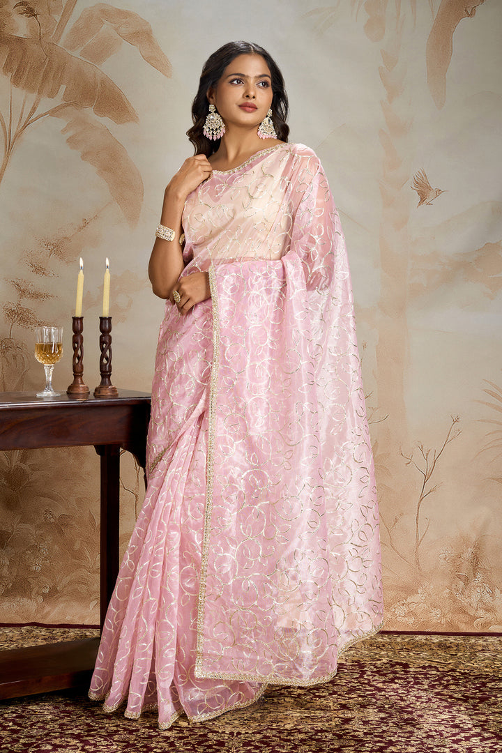 Teejh Mehefil Light Pink Net Gota Saree