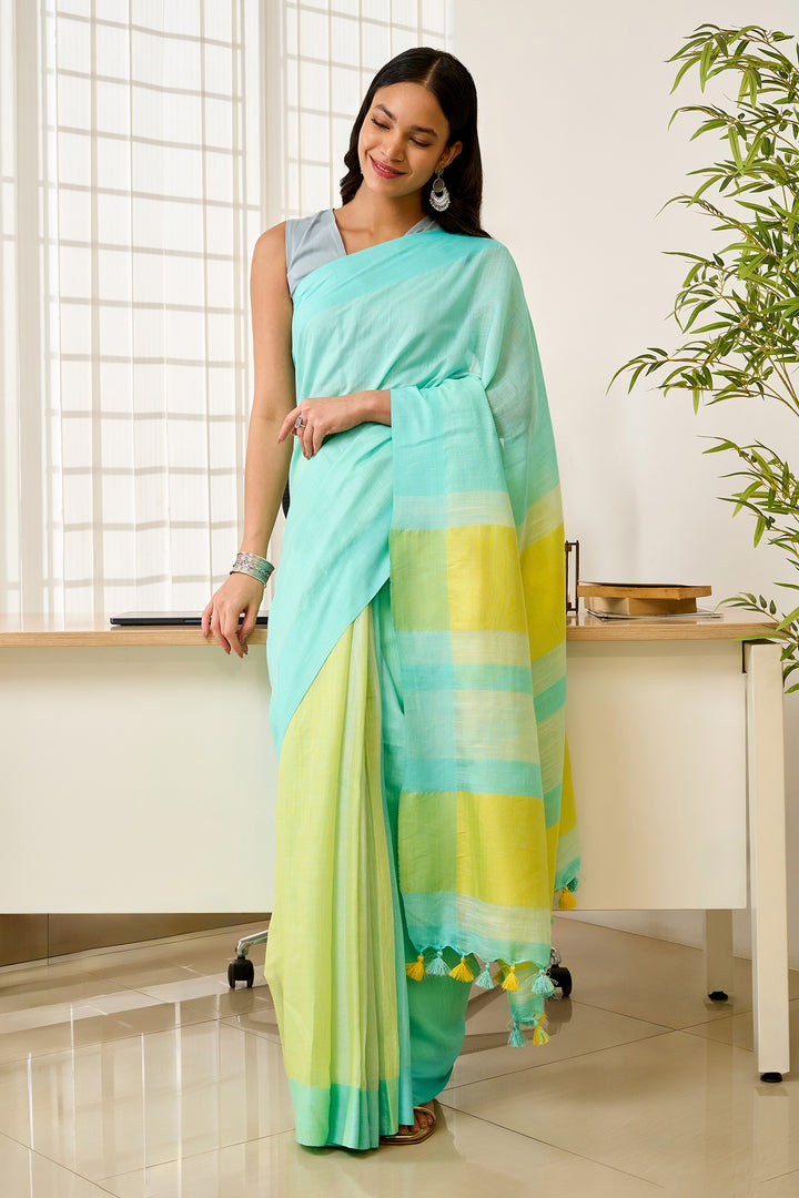 Teejh Muted Muse Turquoise and Yellow Color Block Saree