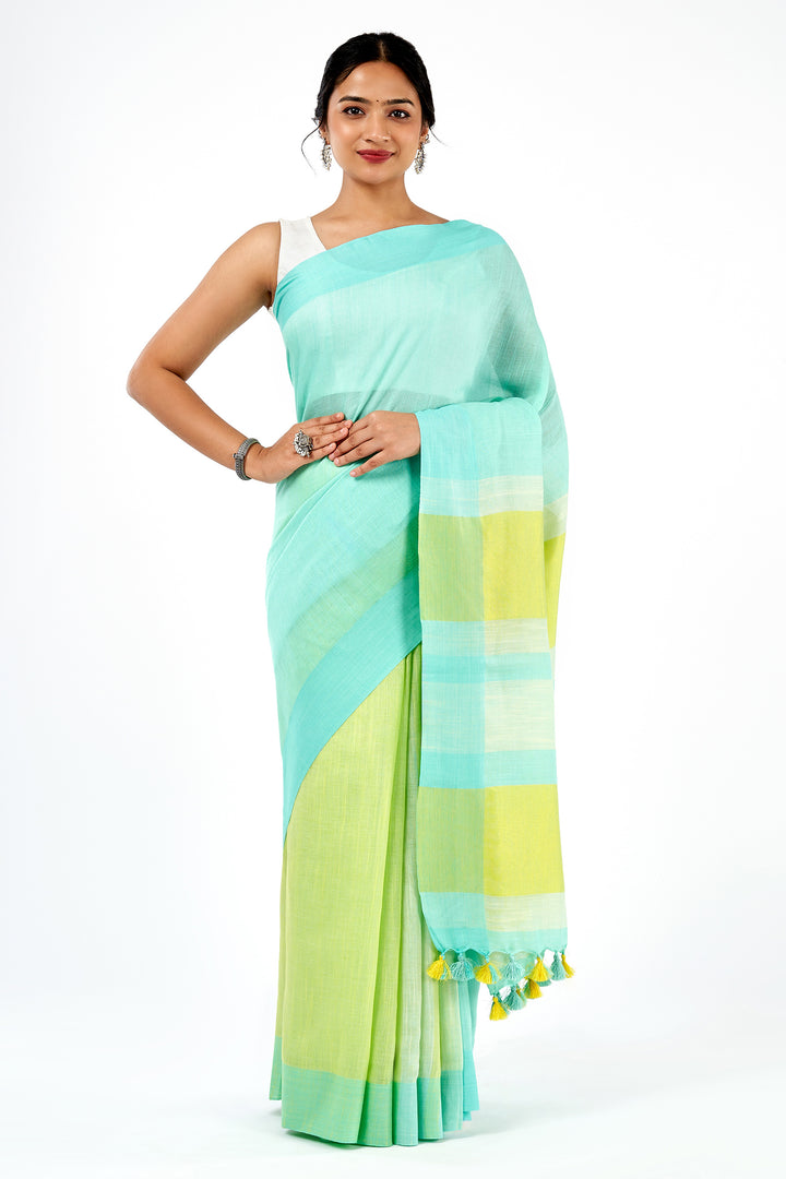 Teejh Muted Muse Turquoise and Yellow Color Block Saree