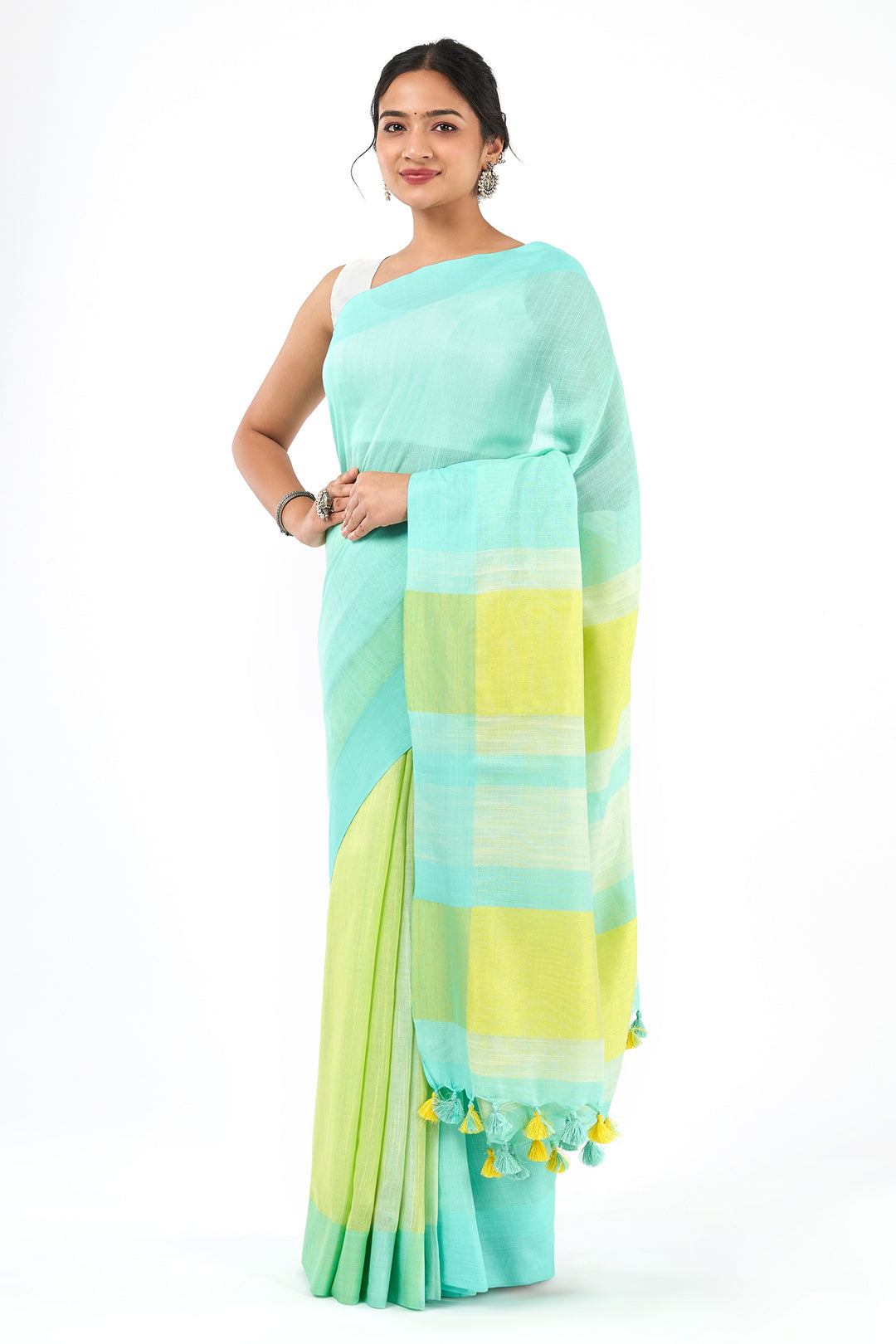 Teejh Muted Muse Turquoise and Yellow Color Block Saree