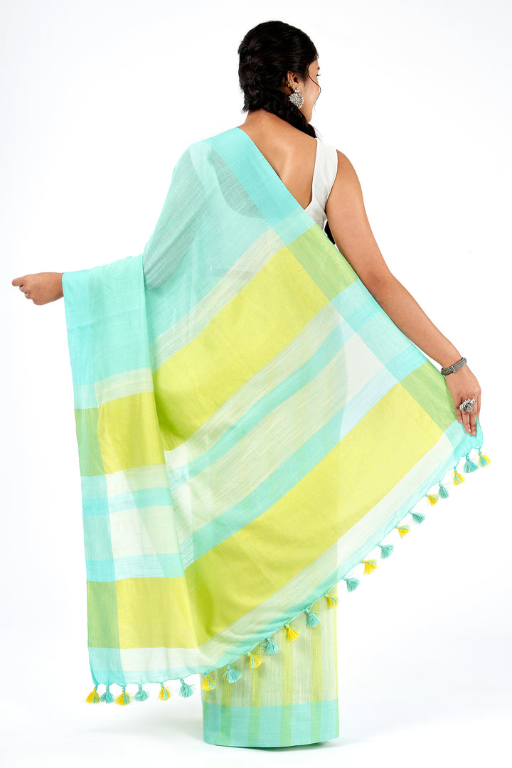 Teejh Muted Muse Turquoise and Yellow Color Block Saree