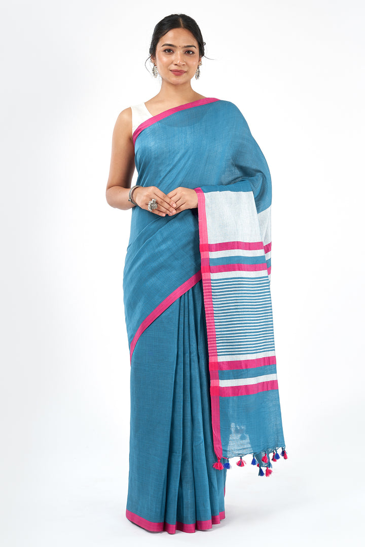 Barasinghe Blue Teejh Bare Hues Blue and Pink Color Block Saree