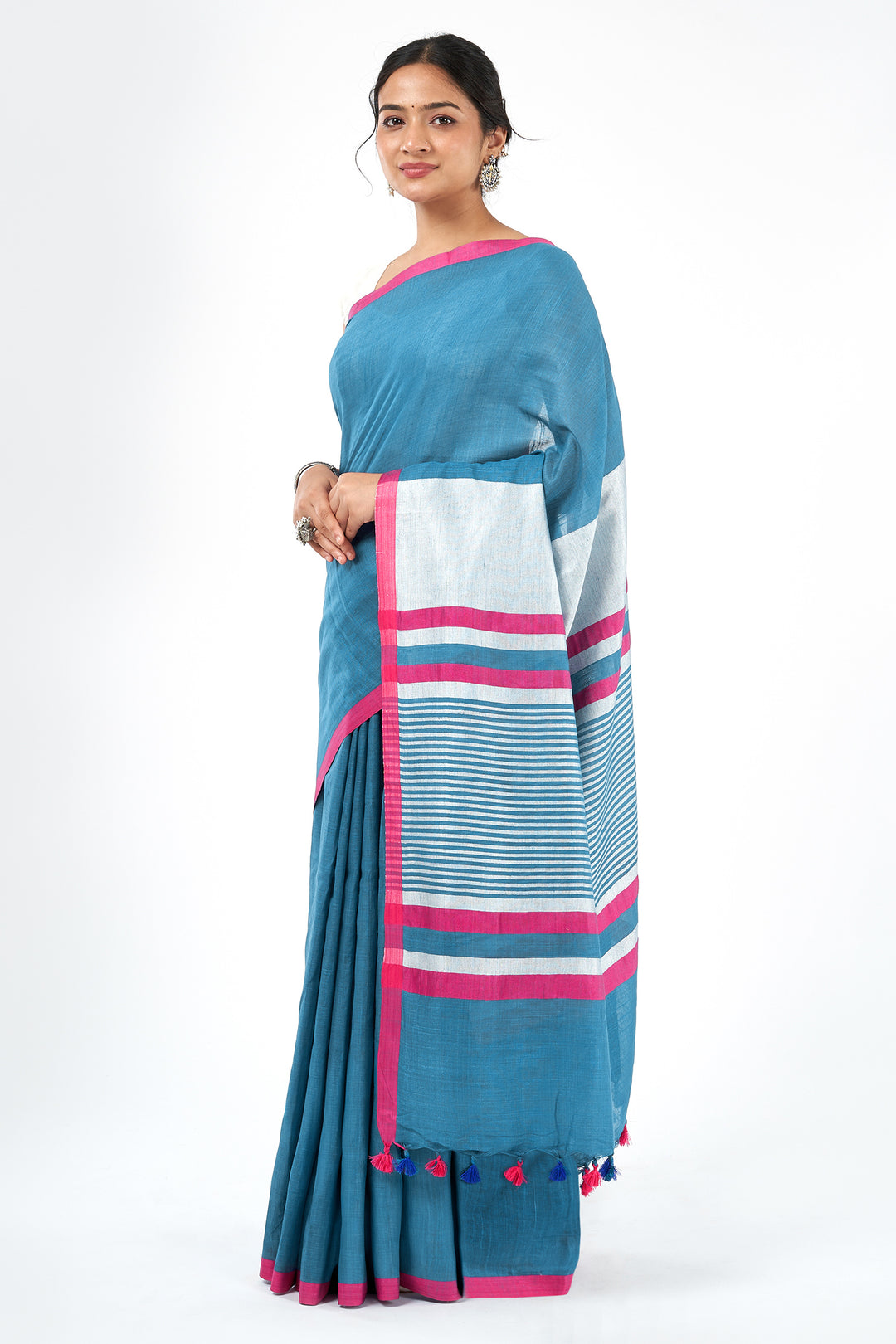 Teejh Bare Hues Blue and Pink Color Block Saree